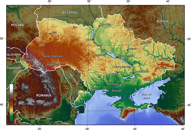 Физическая карта Украины (включая территорию Крыма) 1400x954